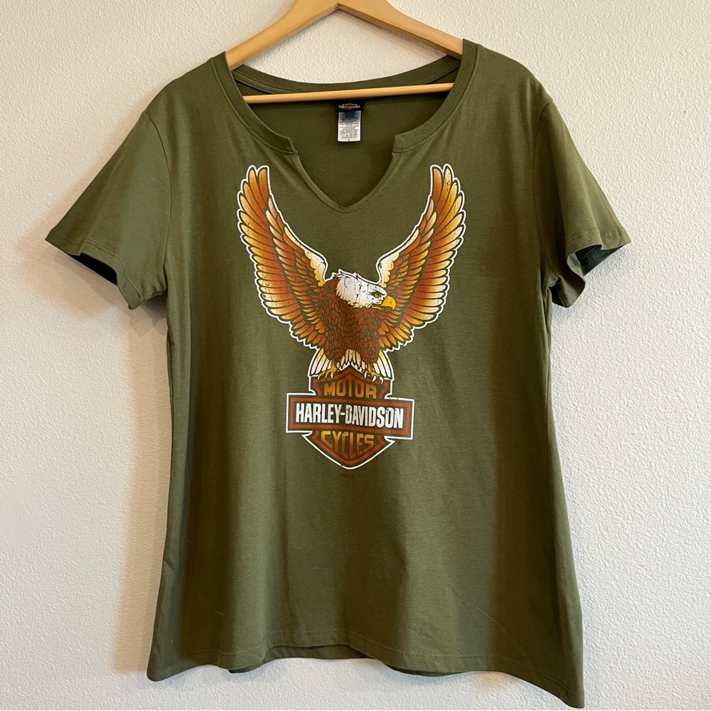 Harley-Davidson Olive Green Eagle V-Neck Tee with Orange Accent